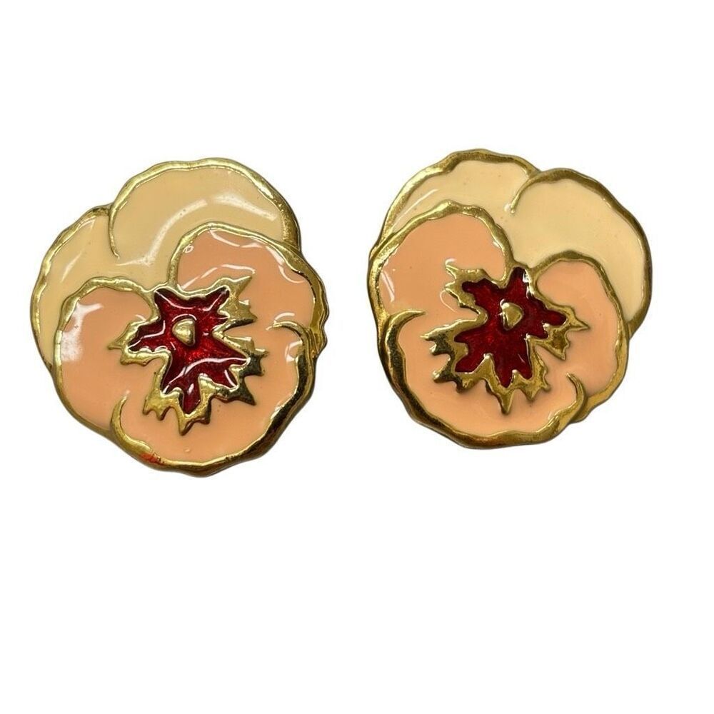 Avon Vintage Full Bloom Pansy Enamel Gold Tone Earrings